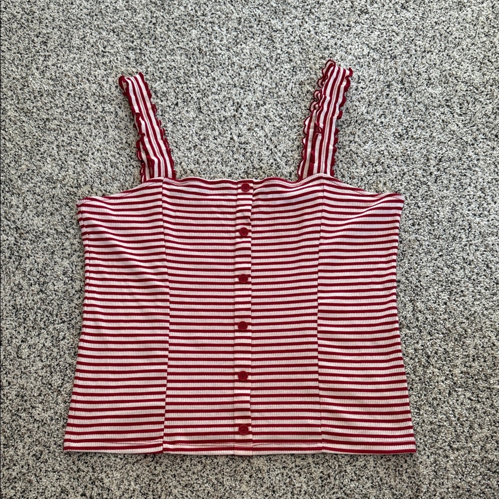 Aero Striped Red & White Button-Front Ruffle Strap Cami
